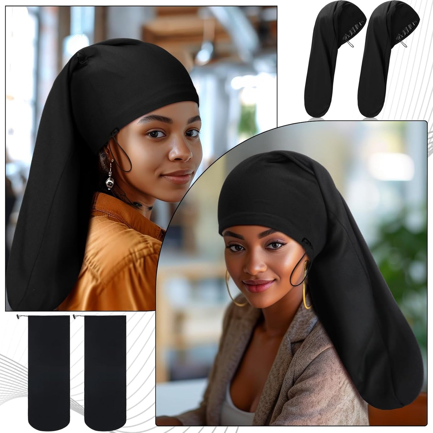 2 Pieces Satin Lined Unisex Jumbo Dreadlock Cap Long Dreads Hair Head Wrap Sleeping Cap Hair Accessories V1258-DP02-C-3167