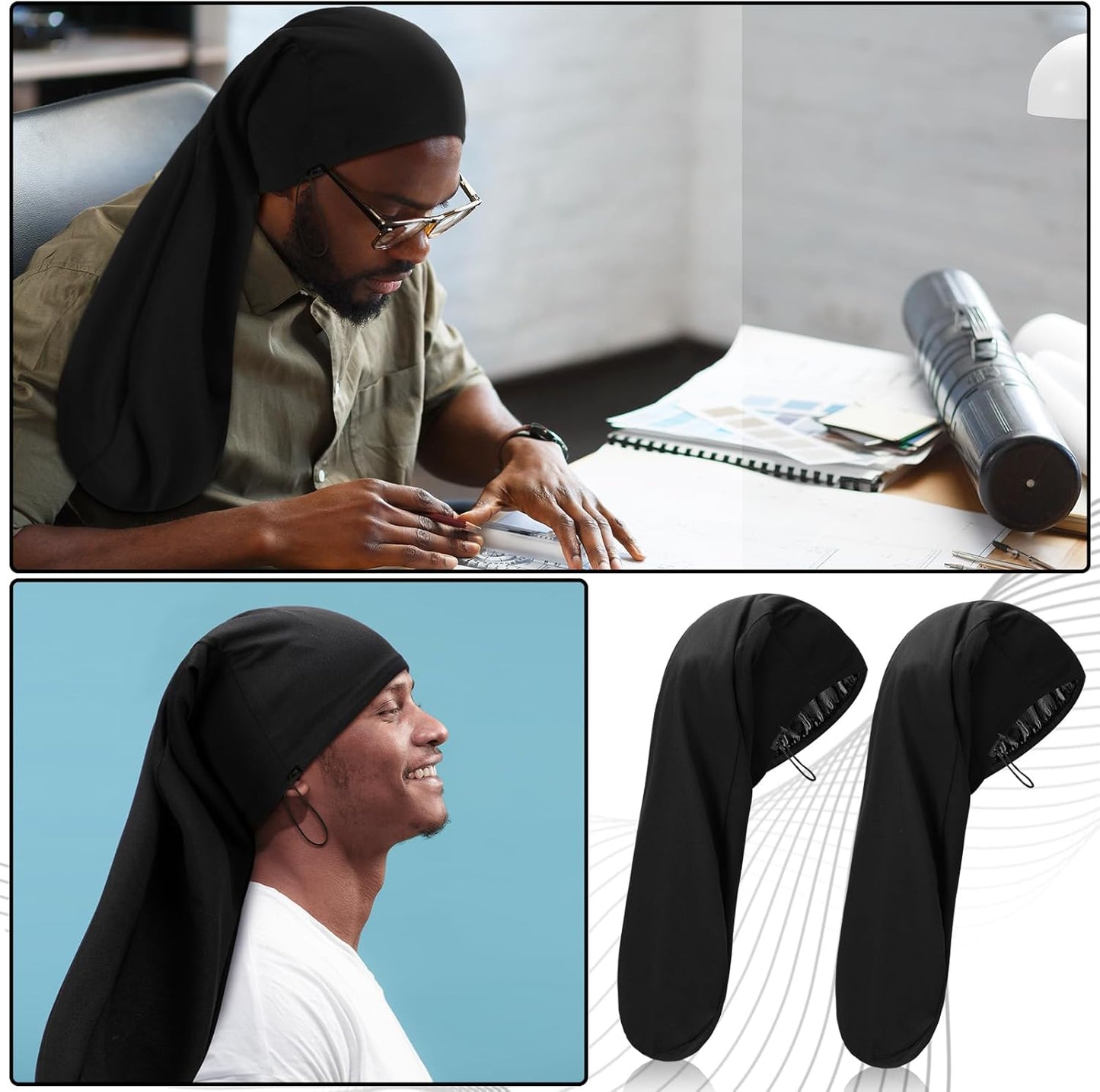 2 Pieces Satin Lined Unisex Jumbo Dreadlock Cap Long Dreads Hair Head Wrap Sleeping Cap Hair Accessories V1258-DP02-C-3167