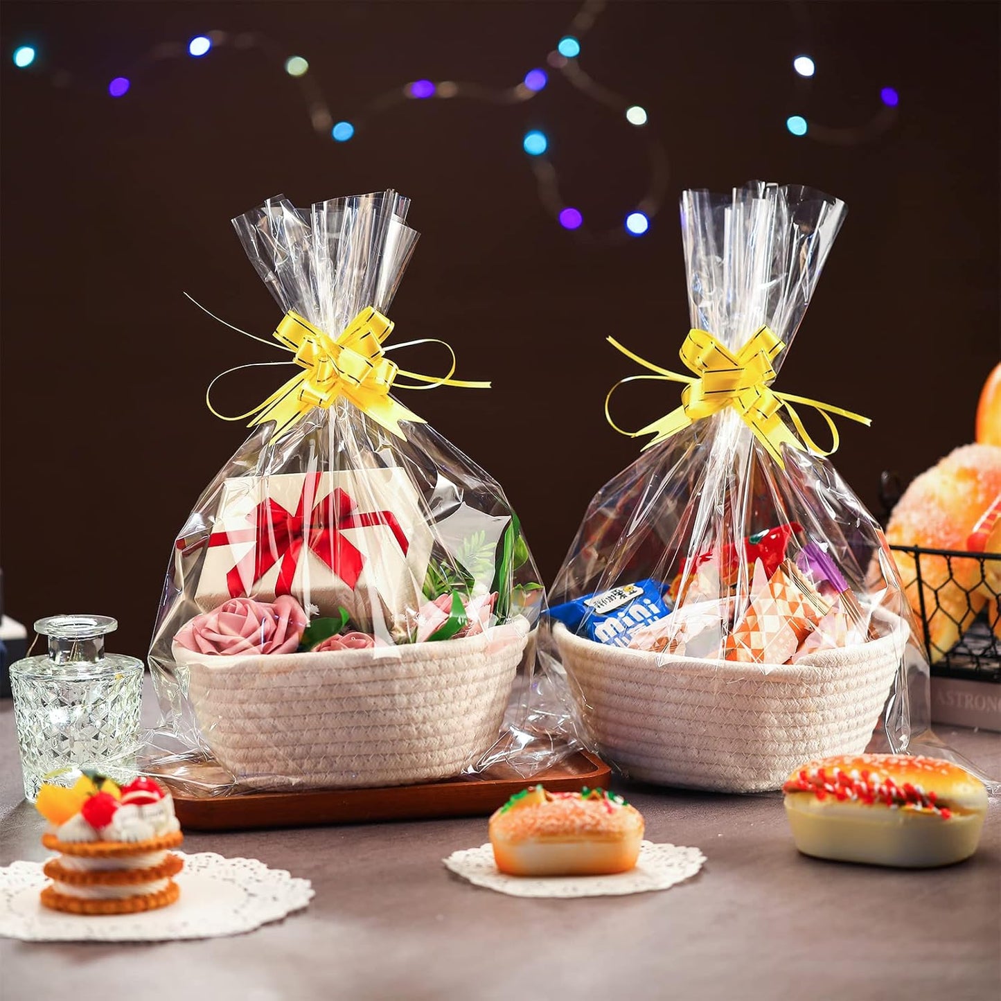 6 Sets Small Gift Baskets Empty Bulk Woven Cotton Basket with Bags Ribbons Easter Rabbit Candy Eggs Basket V1258-DP02-C-3172