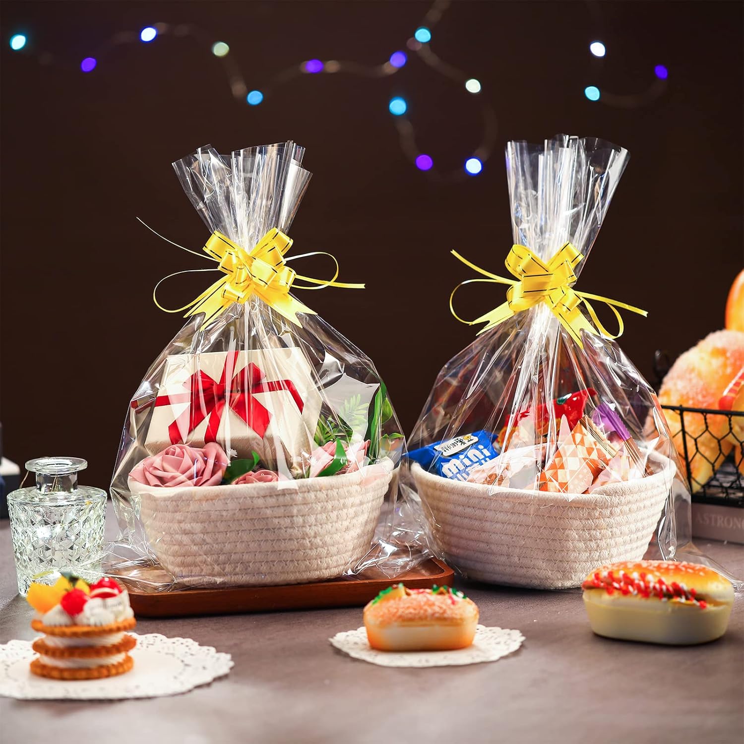 6 Sets Small Gift Baskets Empty Bulk Woven Cotton Basket with Bags Ribbons Easter Rabbit Candy Eggs Basket V1258-DP02-C-3172