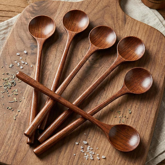 6 Pcs 11 Inch Wood Long Spoons Wooden Long Handle Round Scoops Korean Style Soup Spoons for Soup Cooking V1258-DP02-C-3173