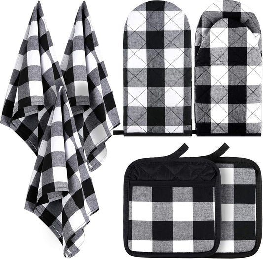 7 Pieces Buffalo Check Dish Towels Pot Holders Oven Mitts Set Cotton Plaid Kitchen Dish Towels Non-Slip Heat V1258-DP02-C-3175