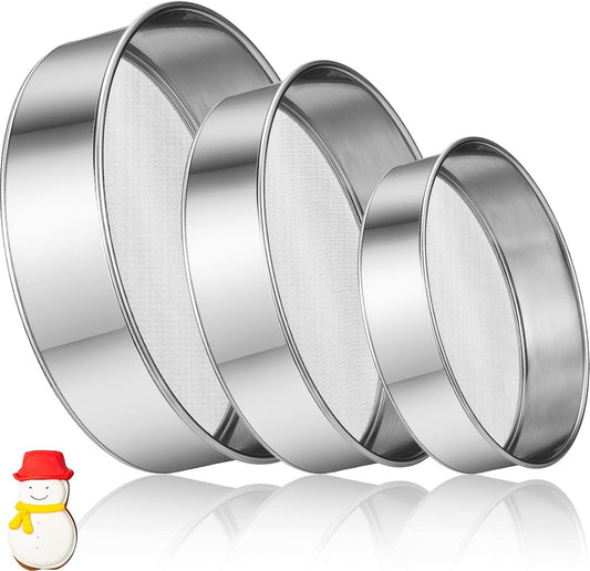 3 Pcs Stainless Steel Round Flour Sifter Sieve Fine Mesh for Bake Decorate Cakes, Pies, Pastries, Cupcakes (6 V1258-DP02-C-3178