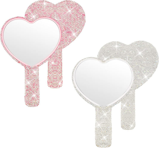 2 Pcs Large Rhinestone Handheld Mirror Heart Shaped Bling Glitter Portable Cosmetic Hand Mirror with Handle V1258-DP02-C-3179