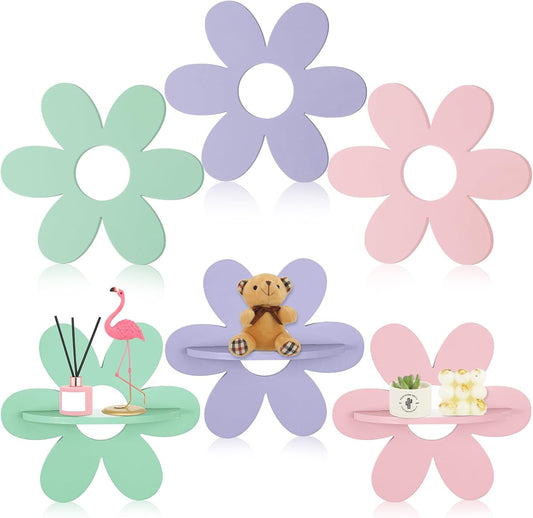6 Pcs Daisy Flower Shaped Wall Floating Shelves, Small Cute Wooden Flower Shelf Wall Decor for Girls Bedroom, V1258-DP02-C-3182