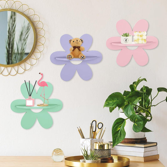 6 Pcs Daisy Flower Shaped Wall Floating Shelves, Small Cute Wooden Flower Shelf Wall Decor for Girls Bedroom, V1258-DP02-C-3182