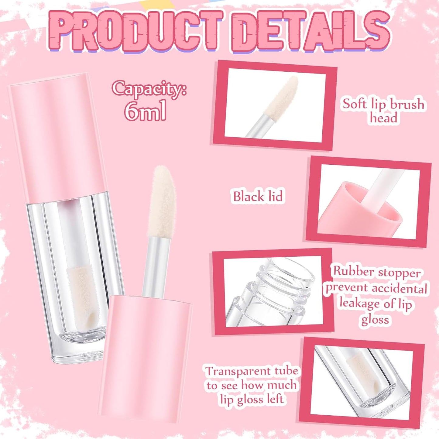 30 Pcs Pink 6ml Empty Lip Gloss Tubes with Wand Bulk Lip Refillable Gloss Containers Cosmetic Bottles with V1258-DP02-C-3187