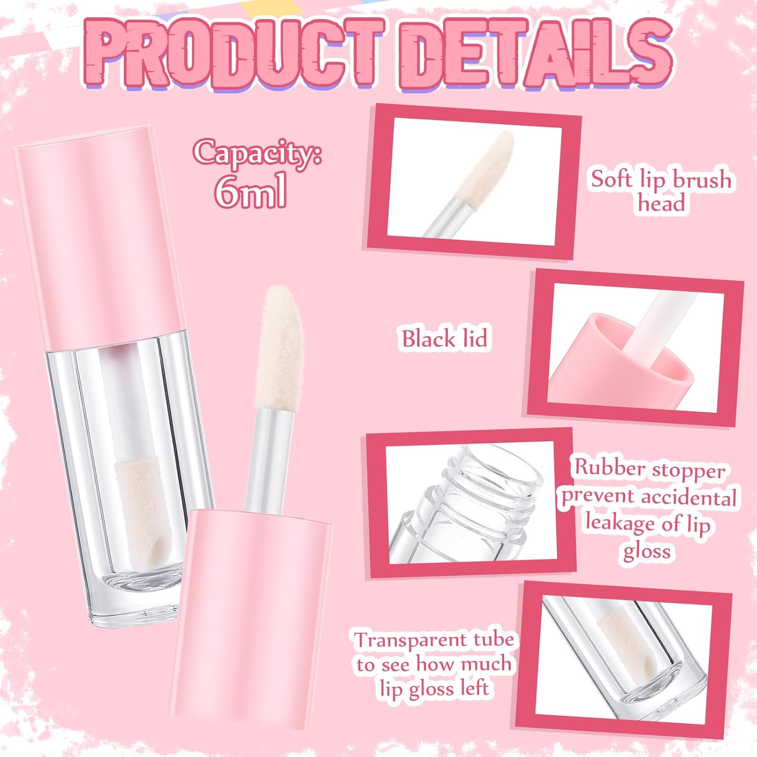 30 Pcs Pink 6ml Empty Lip Gloss Tubes with Wand Bulk Lip Refillable Gloss Containers Cosmetic Bottles with V1258-DP02-C-3187