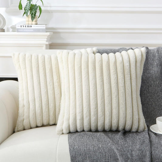 Decorative Throw Pillow with Inserts, Set of 2 Soft Faux Fur Throw Pillows, Square Boho Striped Pillow for V1258-DP02-C-3196