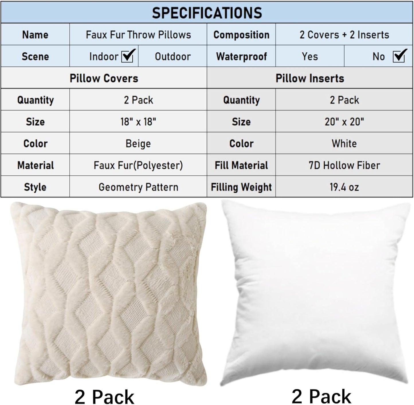 18" x 18" Decorative Throw Pillow with Inserts, Set of 2 Soft Faux Fur Throw Pillows, Square Boho Pillow for V1258-DP02-C-3198