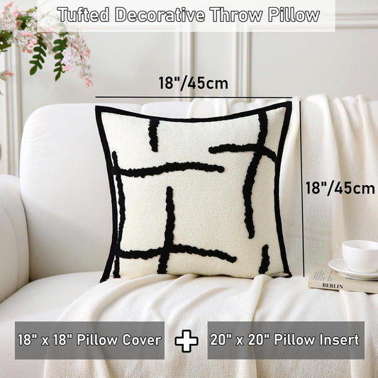 Boho Decorative Throw Pillows with Inserts, 18" x 18" Soft Tufted Modern Chenille Pillow, Pillows for Home, V1258-DP02-C-3199