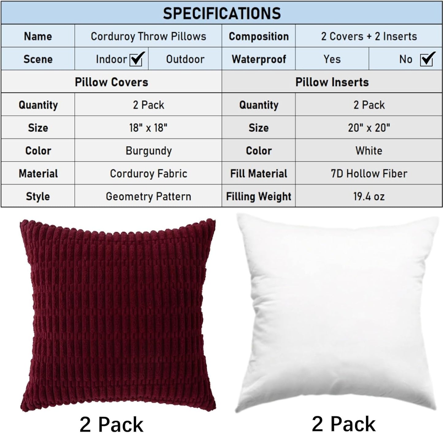 2 Pack Corduroy Decorative Throw Pillow with Inserts, 18x18 Inch Soft Boho Throw Pillow, Square Striped Throw V1258-DP02-C-3200