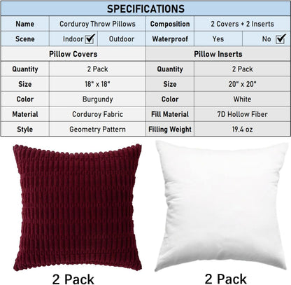 2 Pack Corduroy Decorative Throw Pillow with Inserts, 18x18 Inch Soft Boho Throw Pillow, Square Striped Throw V1258-DP02-C-3200