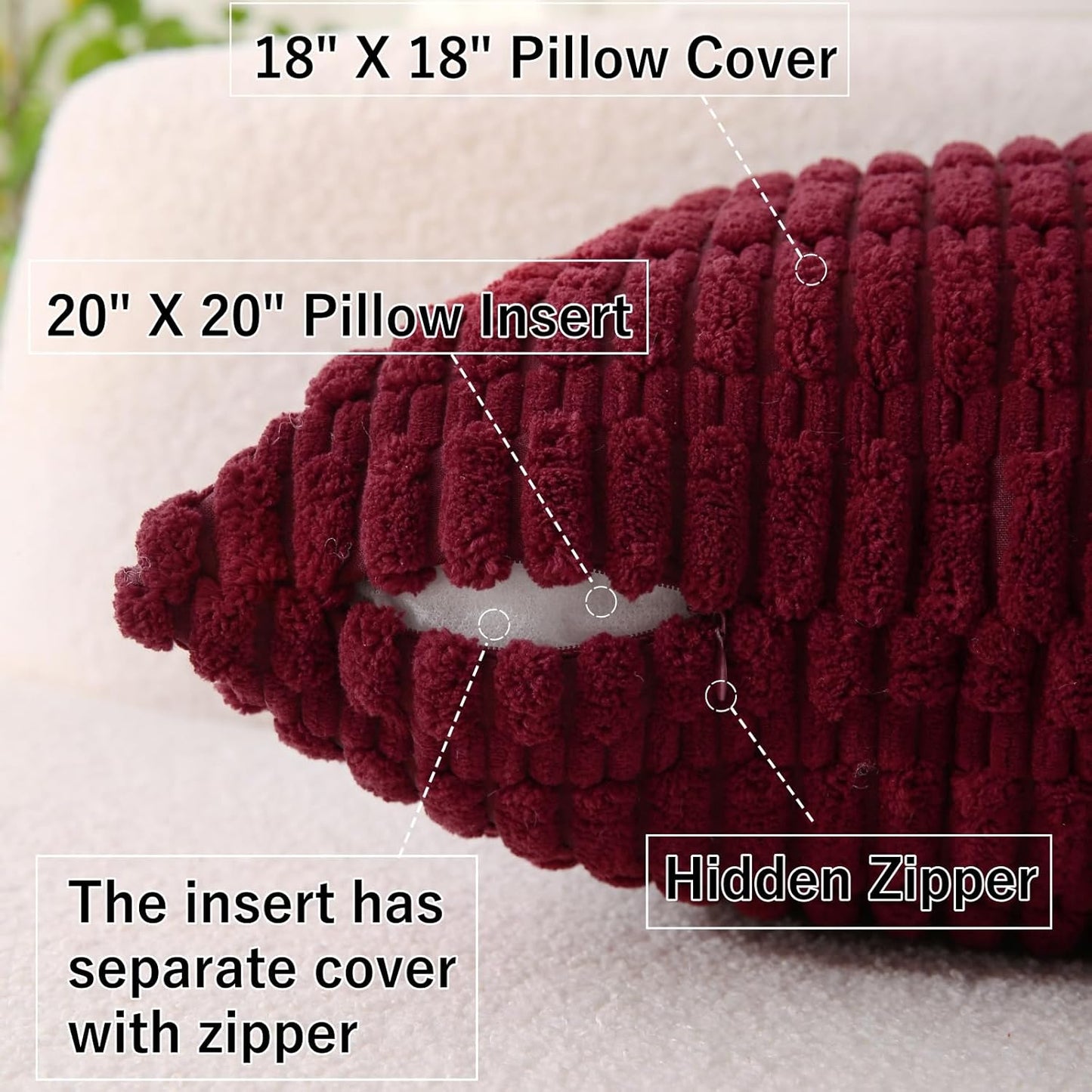 2 Pack Corduroy Decorative Throw Pillow with Inserts, 18x18 Inch Soft Boho Throw Pillow, Square Striped Throw V1258-DP02-C-3200