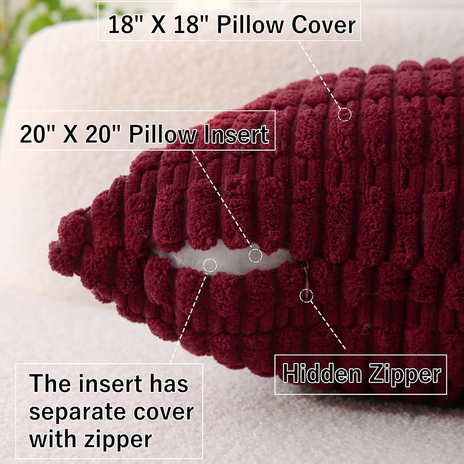 2 Pack Corduroy Decorative Throw Pillow with Inserts, 18x18 Inch Soft Boho Throw Pillow, Square Striped Throw V1258-DP02-C-3200