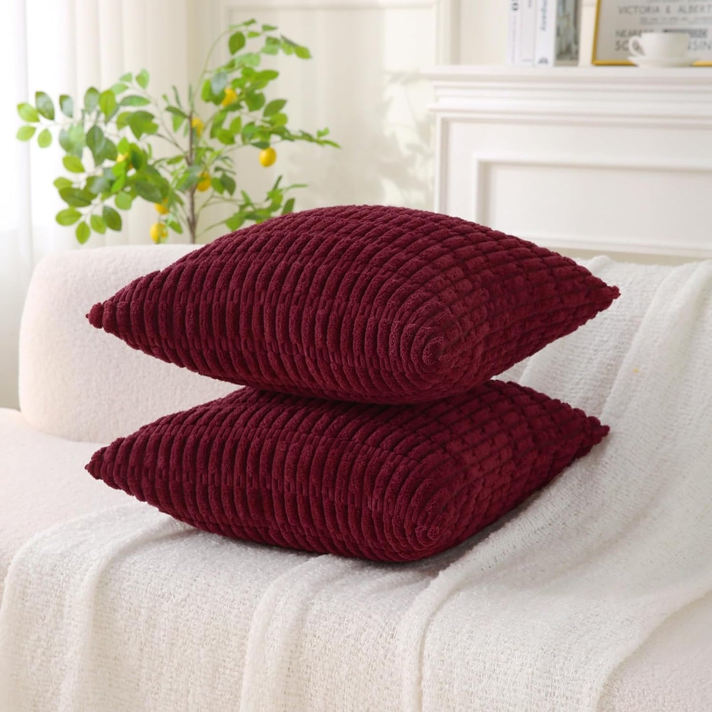 2 Pack Corduroy Decorative Throw Pillow with Inserts, 18x18 Inch Soft Boho Throw Pillow, Square Striped Throw V1258-DP02-C-3200