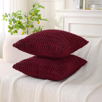 2 Pack Corduroy Decorative Throw Pillow with Inserts, 18x18 Inch Soft Boho Throw Pillow, Square Striped Throw V1258-DP02-C-3200