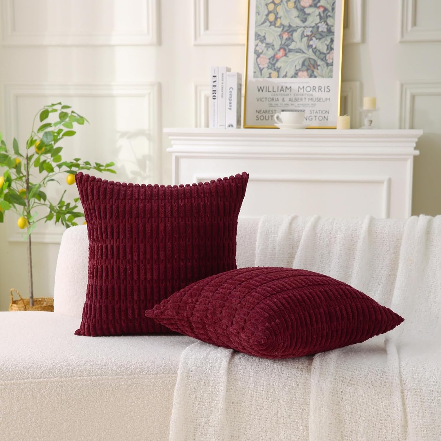2 Pack Corduroy Decorative Throw Pillow with Inserts, 18x18 Inch Soft Boho Throw Pillow, Square Striped Throw V1258-DP02-C-3200