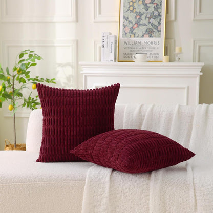 2 Pack Corduroy Decorative Throw Pillow with Inserts, 18x18 Inch Soft Boho Throw Pillow, Square Striped Throw V1258-DP02-C-3200