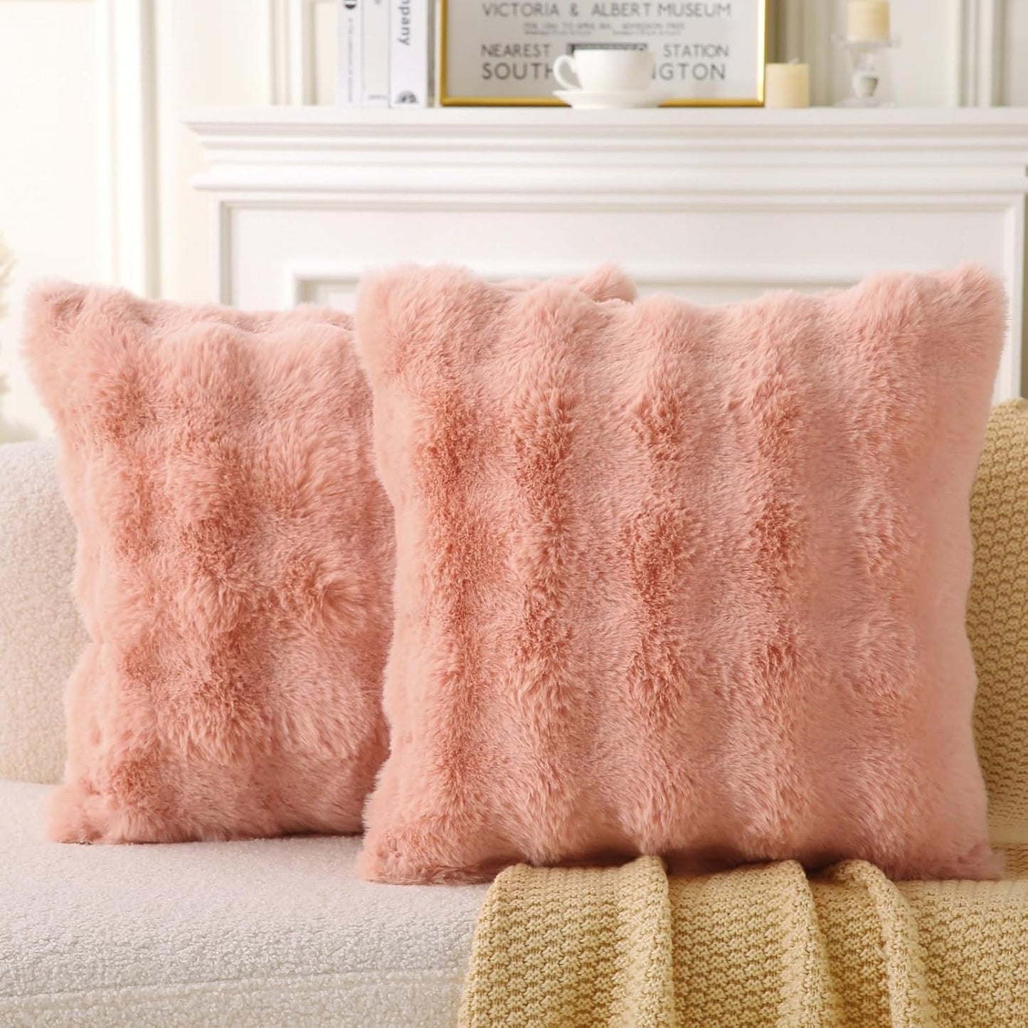 Faux Fur Plush Pillow with Inserts Set of 2, Soft 18" x 18" Decorative Throw Pillows, Square Boho Medium V1258-DP02-C-3202