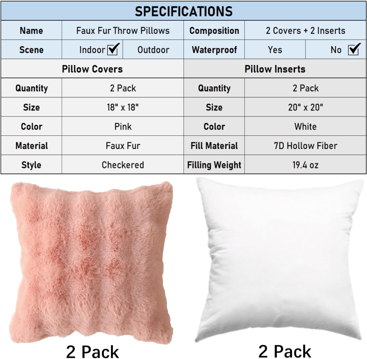 Faux Fur Plush Pillow with Inserts Set of 2, Soft 18" x 18" Decorative Throw Pillows, Square Boho Medium V1258-DP02-C-3202