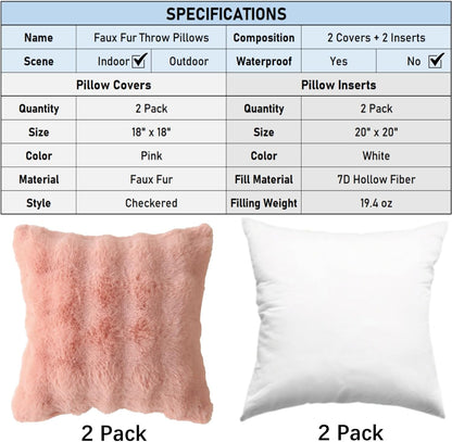 Faux Fur Plush Pillow with Inserts Set of 2, Soft 18" x 18" Decorative Throw Pillows, Square Boho Medium V1258-DP02-C-3202