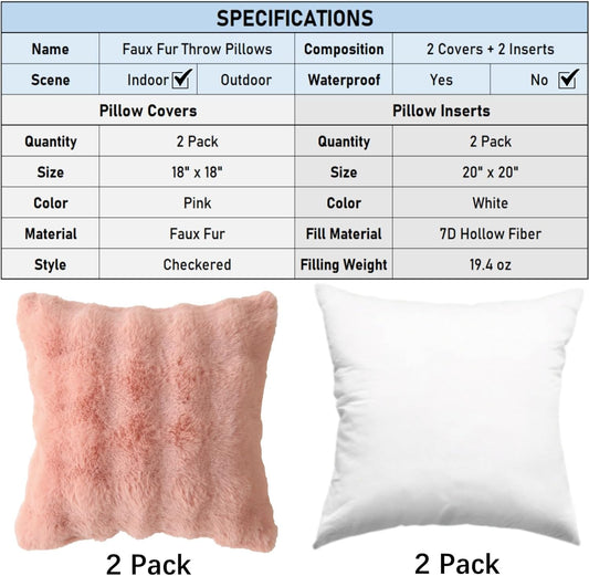 Faux Fur Plush Pillow with Inserts Set of 2, Soft 18" x 18" Decorative Throw Pillows, Square Boho Medium V1258-DP02-C-3202