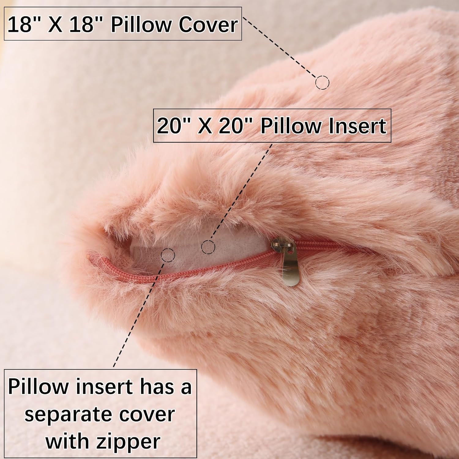 Faux Fur Plush Pillow with Inserts Set of 2, Soft 18" x 18" Decorative Throw Pillows, Square Boho Medium V1258-DP02-C-3202