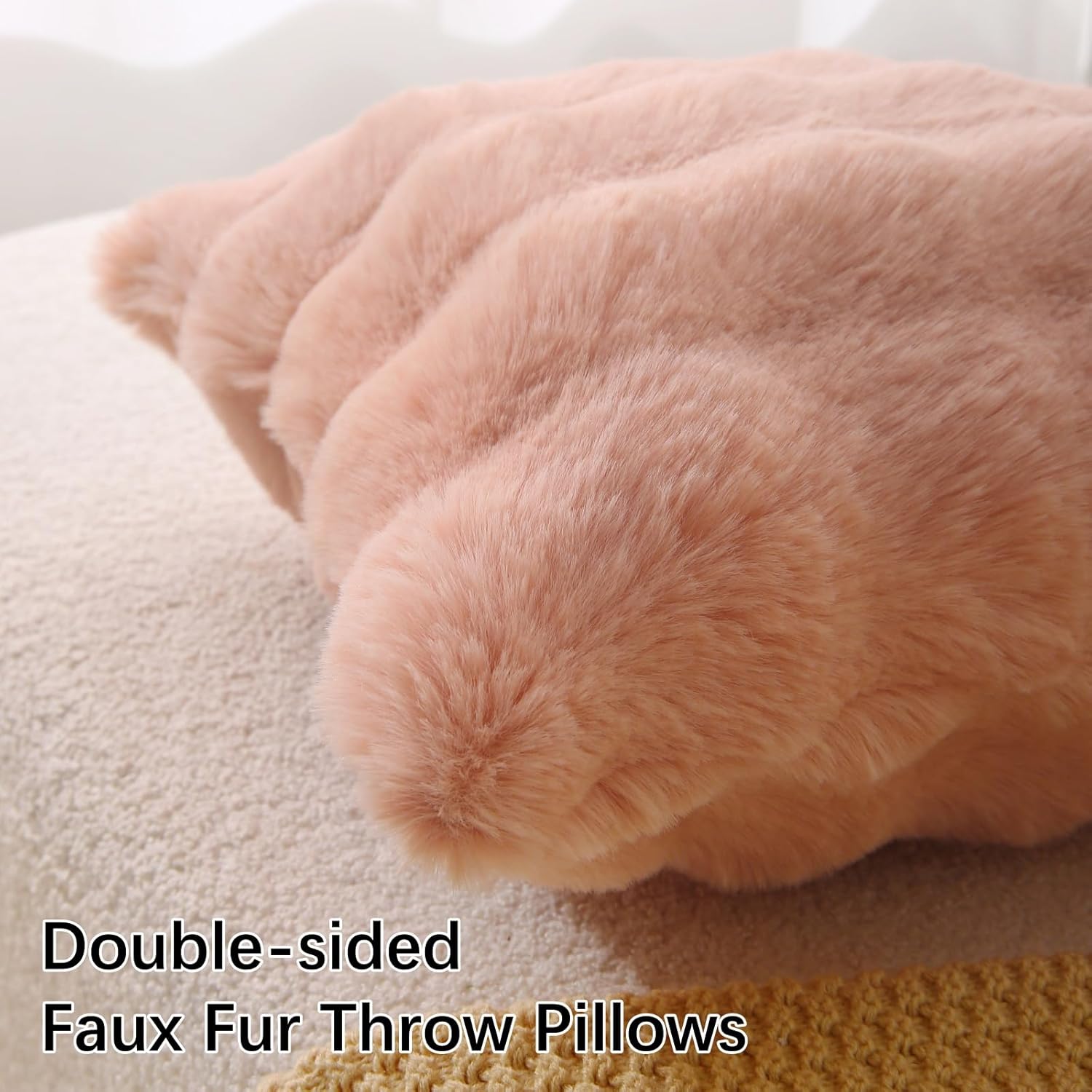 Faux Fur Plush Pillow with Inserts Set of 2, Soft 18" x 18" Decorative Throw Pillows, Square Boho Medium V1258-DP02-C-3202