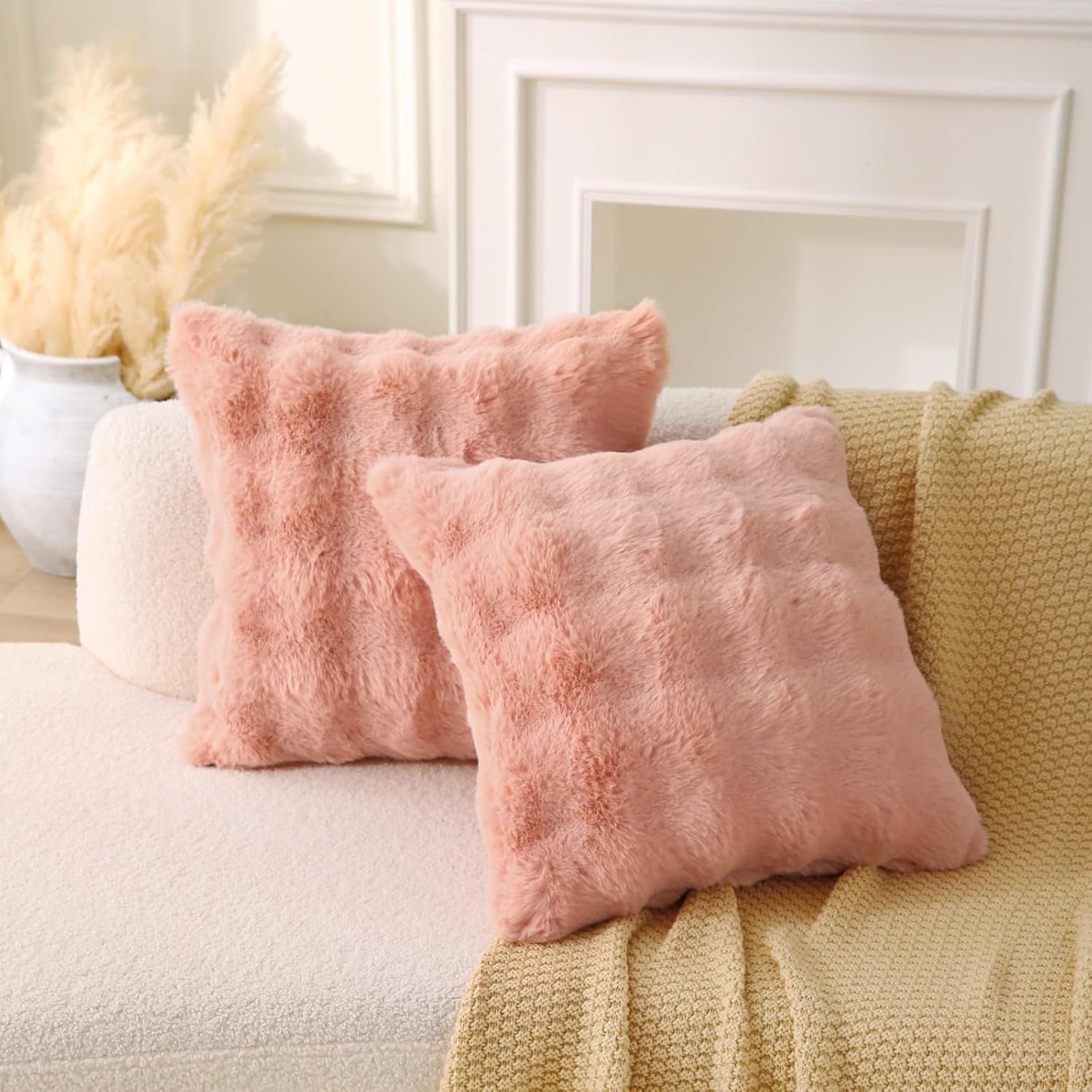 Faux Fur Plush Pillow with Inserts Set of 2, Soft 18" x 18" Decorative Throw Pillows, Square Boho Medium V1258-DP02-C-3202