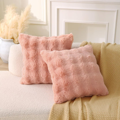 Faux Fur Plush Pillow with Inserts Set of 2, Soft 18" x 18" Decorative Throw Pillows, Square Boho Medium V1258-DP02-C-3202