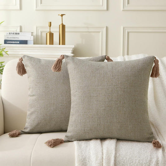 18" x 18" Decorative Throw Pillow with Inserts, Set of 2 Farmhouse Neutral Couch Throw Pillows with Tassels, V1258-DP02-C-3205