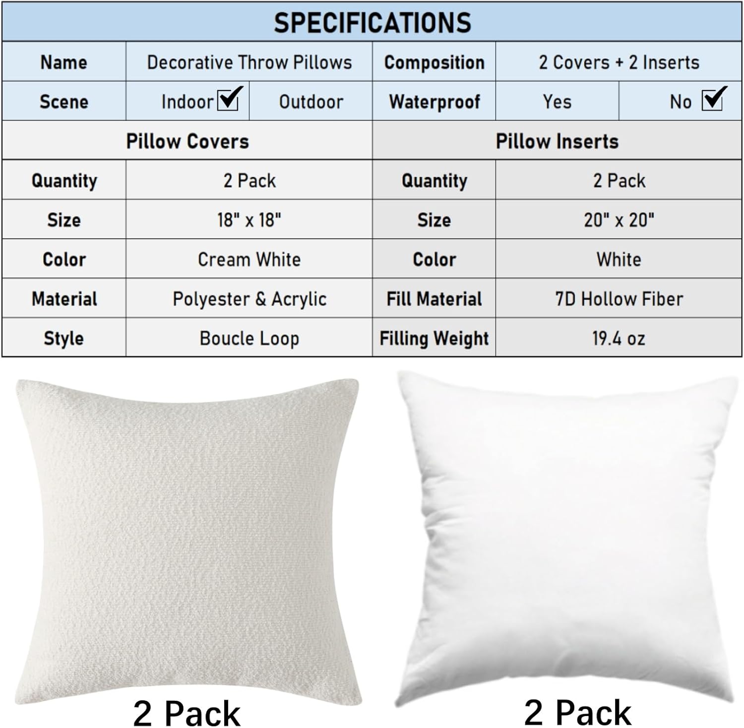 18" x 18" Decorative Throw Pillow with Inserts, Set of 2 Soft Textured Boucle Throw Pillows, Square Boho V1258-DP02-C-3206