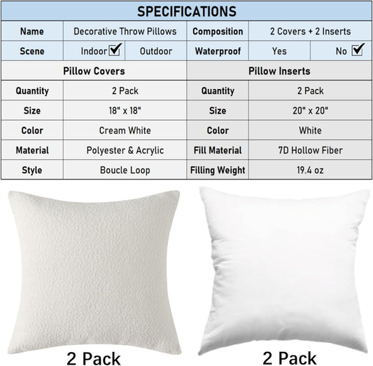 18" x 18" Decorative Throw Pillow with Inserts, Set of 2 Soft Textured Boucle Throw Pillows, Square Boho V1258-DP02-C-3206