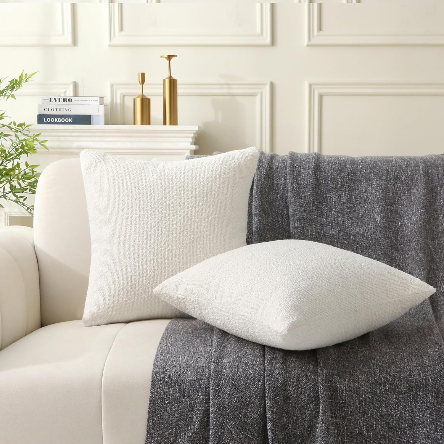 18" x 18" Decorative Throw Pillow with Inserts, Set of 2 Soft Textured Boucle Throw Pillows, Square Boho V1258-DP02-C-3206