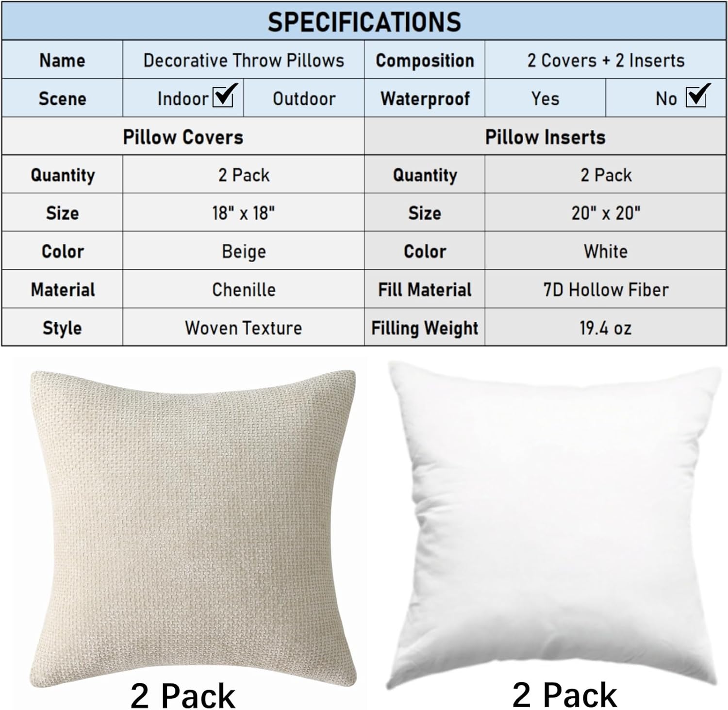 18" x 18" Decorative Throw Pillow with Inserts, Set of 2 Soft Modern Farmhouse Weave Pattern Throw Pillows, V1258-DP02-C-3207