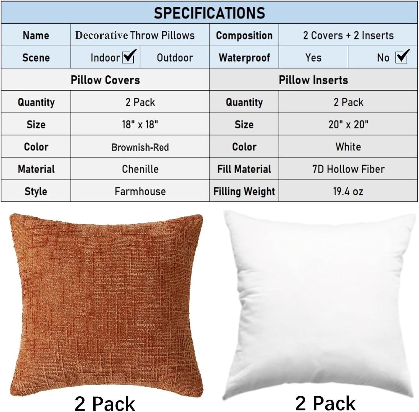 18" x 18" Decorative Throw Pillow with Inserts, Set of 2 Soft Modern Farmhouse Throw Pillows, Square Boho V1258-DP02-C-3208