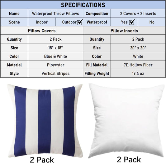 18" x 18" Throw Pillows with Inserts, Pack of 2 Outdoor Waterproof Striped Pillow, Square Decorative Pillows V1258-DP02-C-3210