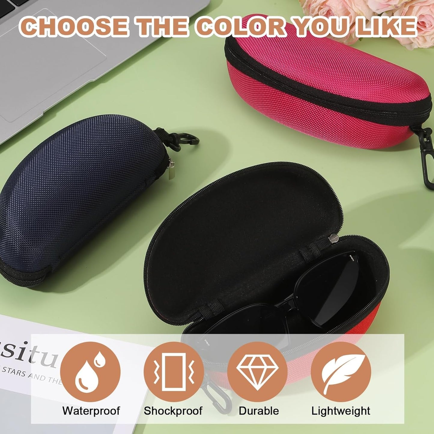 Sunglasses Soft Case, Zipper Eyeglass Case, Portable Hard Shell Sunglasses Holder with Metal Hook for Sport V1258-DP02-C-3220