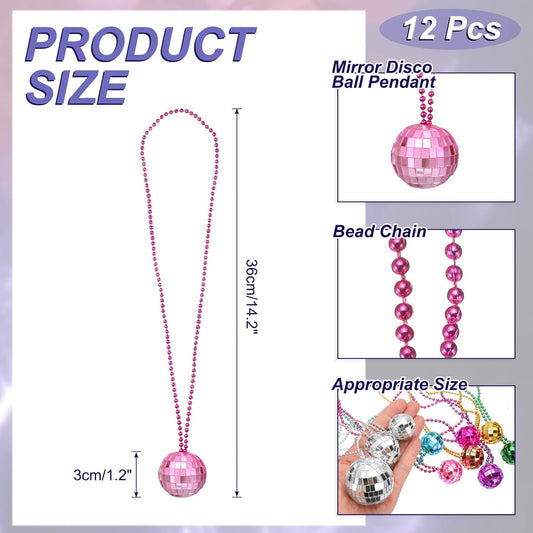 12 Pcs Mirror Disco Ball Necklaces 1.2" Bulk Disco Ball Costume Necklaces 70s Disco Party Necklace Women V1258-DP02-C-3237