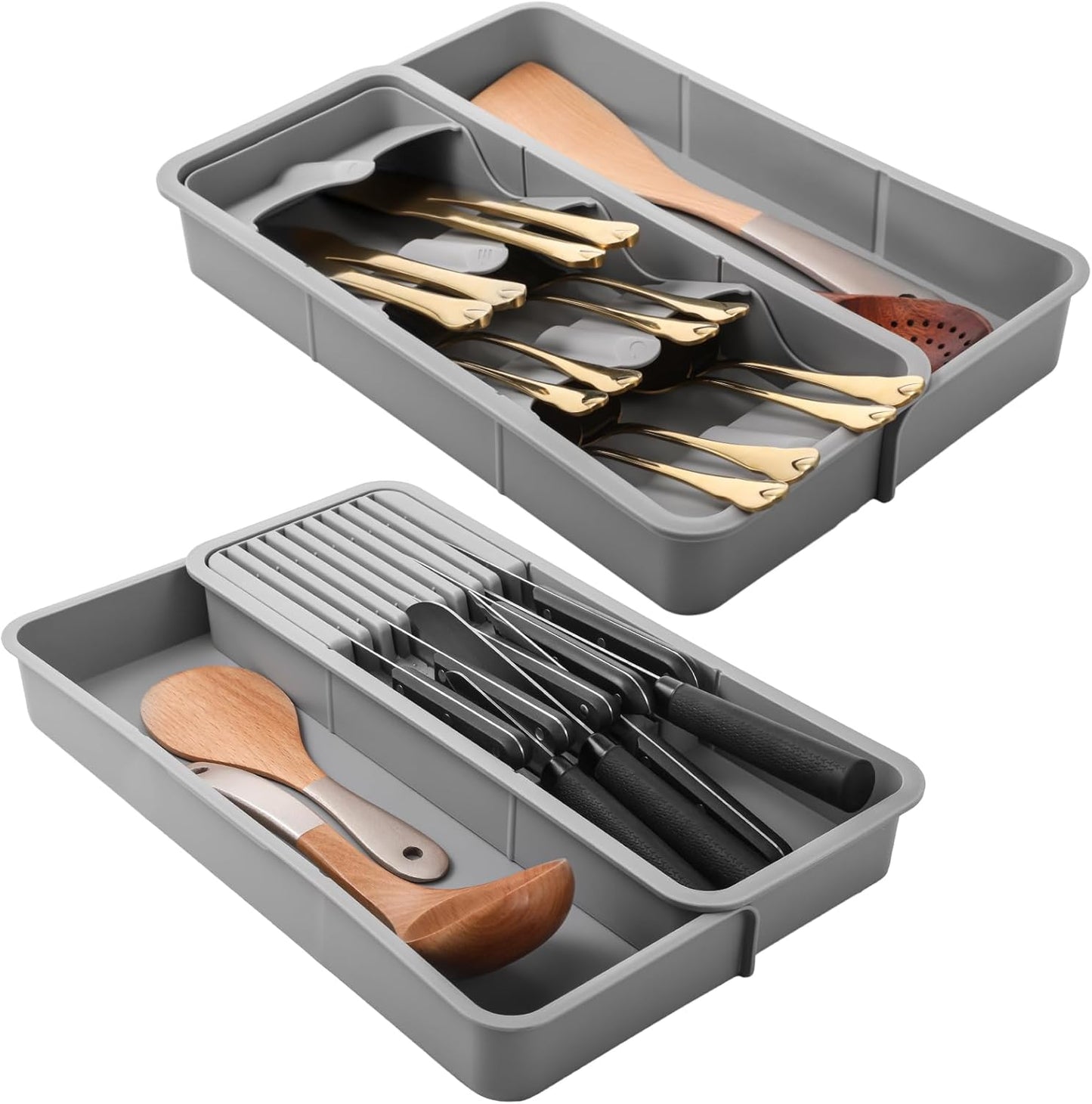 2 Pcs Knife & Silverware Drawer Organizer Holds 9 Knives with Flatware Tray Drawer Store Compact Utensil V1258-DP02-C-324