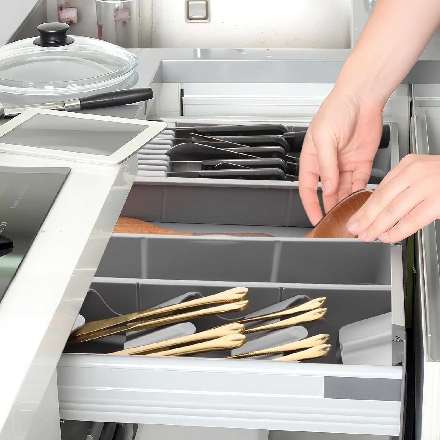 2 Pcs Knife & Silverware Drawer Organizer Holds 9 Knives with Flatware Tray Drawer Store Compact Utensil V1258-DP02-C-324