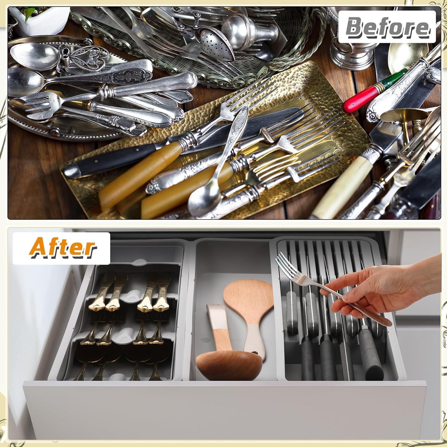 2 Pcs Knife & Silverware Drawer Organizer Holds 9 Knives with Flatware Tray Drawer Store Compact Utensil V1258-DP02-C-324