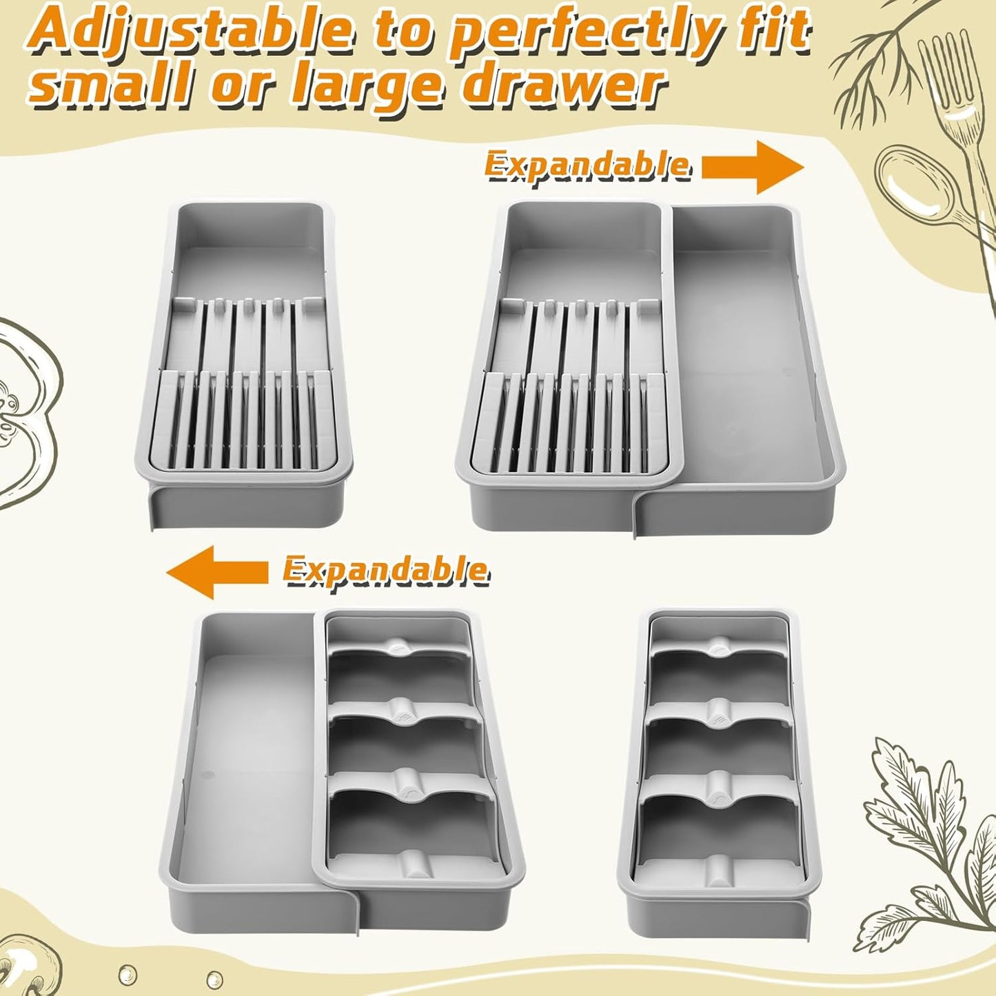2 Pcs Knife & Silverware Drawer Organizer Holds 9 Knives with Flatware Tray Drawer Store Compact Utensil V1258-DP02-C-324
