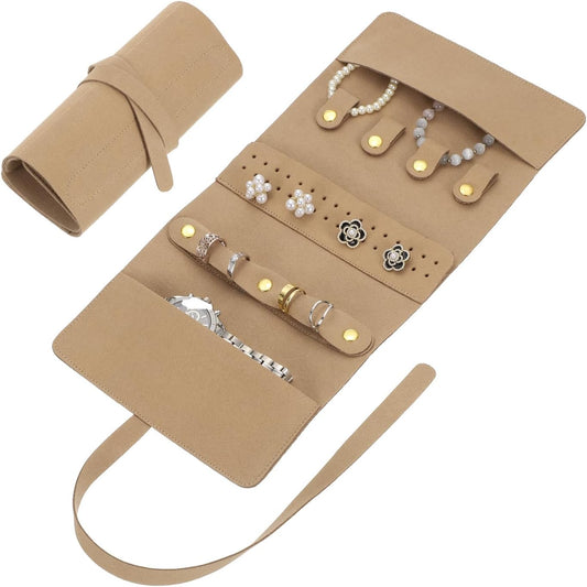 Travel Jewelry Bag Roll, Foldable Jewelry Travel Organizer with Tie Close Microfiber Jewelry Storage Roll V1258-DP02-C-3259