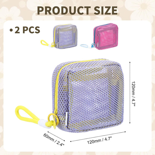 2Pcs Mesh Makeup Bag, 4.7" Portable Mesh Cosmetic Bag with Straps, Cute Mini Travel Toiletry Pouch with V1258-DP02-C-3271