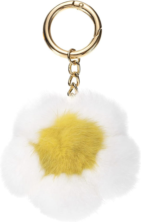 Flower Plush Keychain, Mink Fur Pom Flower Shape Purse Charm, Rex Floral Petal Pendant V1258-DP02-C-3273