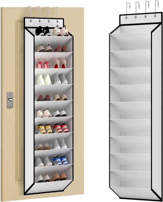 10 Tiers White Over Door Shoe Organizer Storage, Hanging Shoe Holder for Door with Large Deep Pockets, Fit V1258-DP02-C-3281