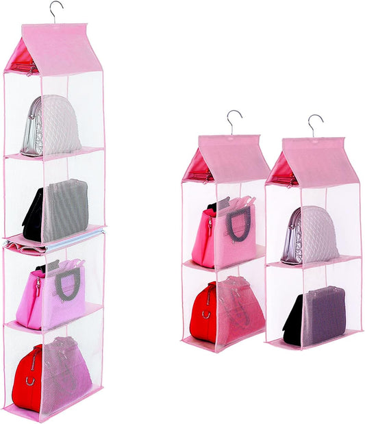 Closet Purse Organizer, Hanging Handbag Organizer with 4 Heavy-Duty Mesh Shelves Closet Purse Storage Bag V1258-DP02-C-3282