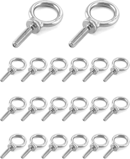 Eye Bolt, 20 Pack 1/4" - 20 x 1 Marine Grade Stainless Steel Lifting Ring Threaded Eyebolt Machinery Shoulder V1258-DP02-C-3292